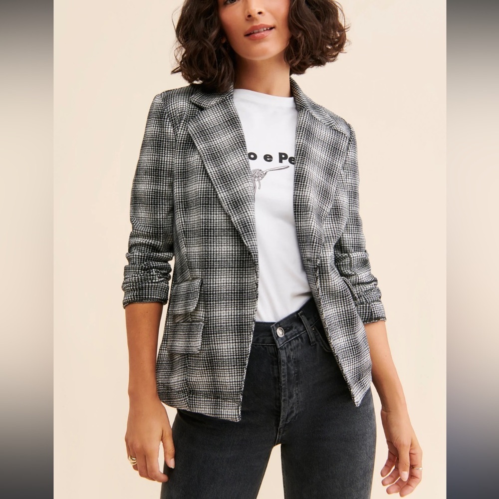 Maeve Anthropologie Gingham Notched Lapel Flap Pocket Single Button Blazer
